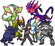 sprite of a customized sword/shield male protagonist alongside a flygon, inteleon, obstagoon, haxorus, corviknight, and eternatus